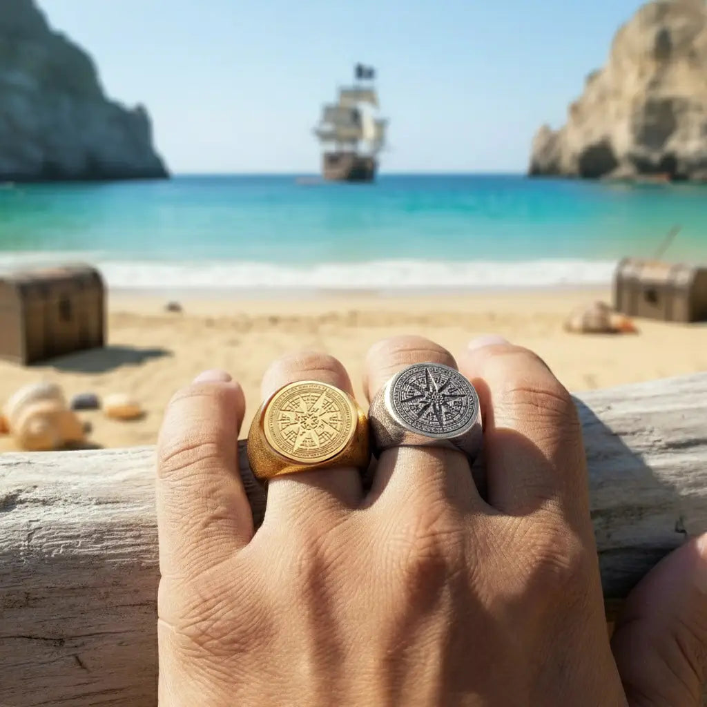 Main portant deux bagues boussole dorée et argentée face à la mer, atmosphère de voyage.