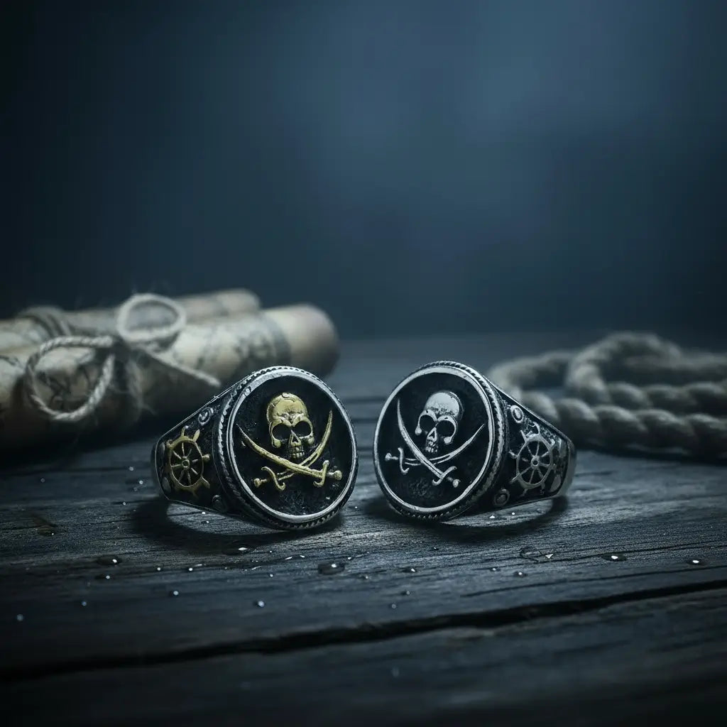 Deux bagues du flibustier maudit posées sur une table en bois, ambiance sombre et ténèbreuse.