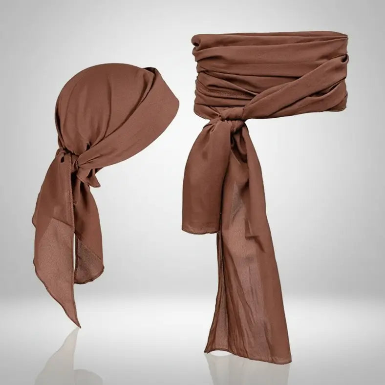 Bandeau et ceinture pirate marron en tissu fluide, accessoire de costume inspiré des flibustiers des mers.