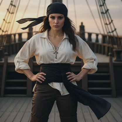 Femme pirate portant un bandeau noir noué et une ceinture assortie, posture confiante sur le pont du navire.