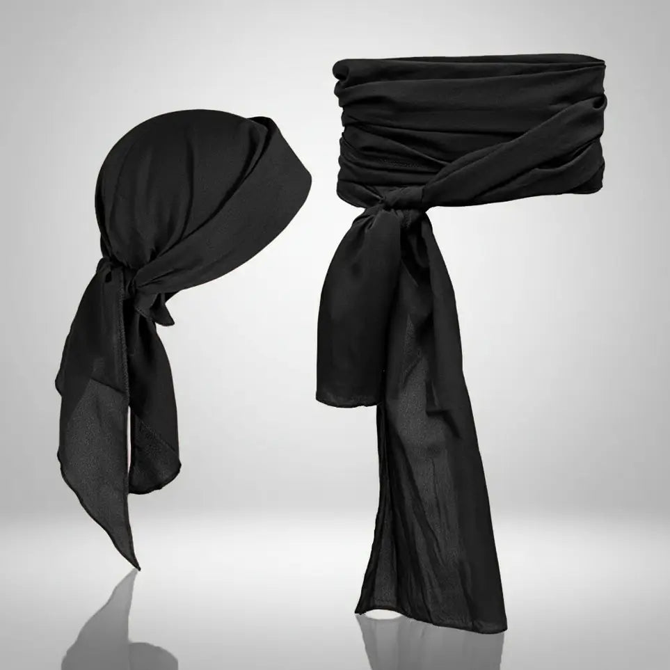 Bandeau et ceinture pirate noirs, tissu satiné et léger, accessoire de déguisement pour costume de flibustier.