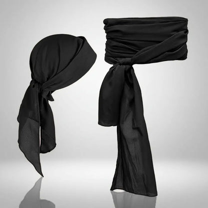 Bandeau et ceinture pirate noirs, tissu satiné et léger, accessoire de déguisement pour costume de flibustier.