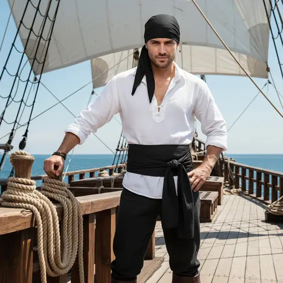 Homme pirate portant un bandeau et une ceinture noirs sur le pont d’un navire, look flibustier classique.