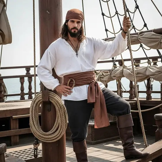 Pirate portant un bandeau et une ceinture marron sur un navire, style flibustier authentique, ambiance maritime.