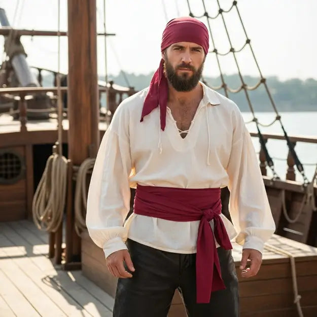 Pirate barbu portant un bandeau et une ceinture rouge bordeaux sur le pont d’un bateau, tenue de capitaine élégante.