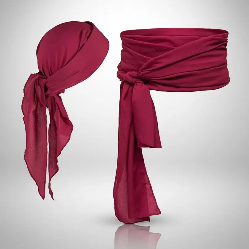 Bandeau et ceinture pirate rouge bordeaux noués, tissu doux et fluide, style capitaine des Caraïbes.