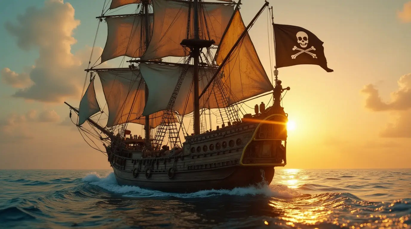 Navire de type voilier pirate avec un pavillon pirate qui navire vers l'horizon au coucher de soleil.