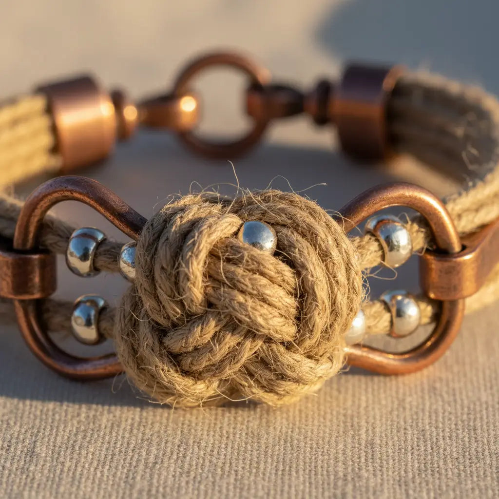 Gros plan d'un bracelet fait en cordage et en métal cuivré posé sur du tissu.
