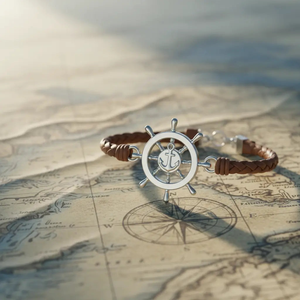 Bracelet style retro avec un gouvernail argenté, posé sur une carte ancienne.