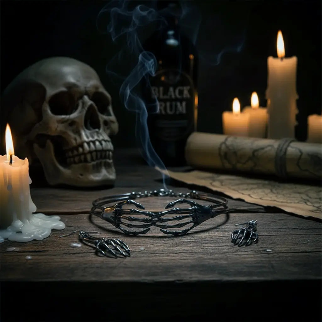 Collier et boucles d’oreilles gothiques en forme de mains squelettes posés sur une table sombre, ambiance Ténèbres avec crâne et bougies.