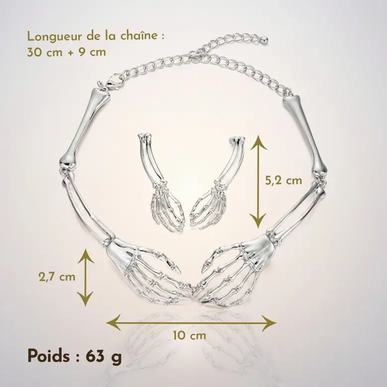 Schéma détaillant les dimensions du collier et des boucles d’oreilles squelettes gothiques en métal argenté