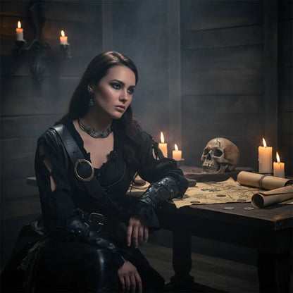 Modèle féminin en tenue pirate portant un collier gothique squelette, ambiance sombre et mystérieuse.