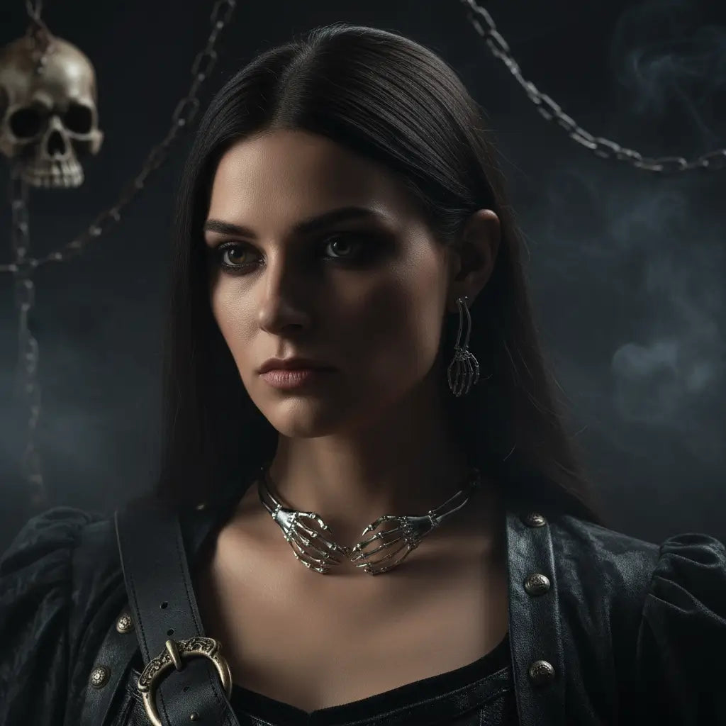 Femme portant le collier et les boucles d’oreilles gothiques en forme de mains squelettes argentées, ambiance ténébreuse.