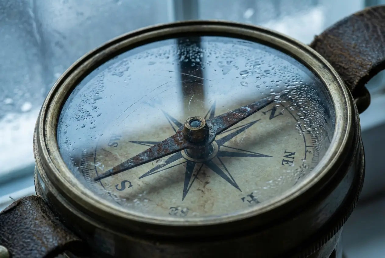 Boussole de paradoxe du Souffle-Retenu avec de la condensation sur la vitre.