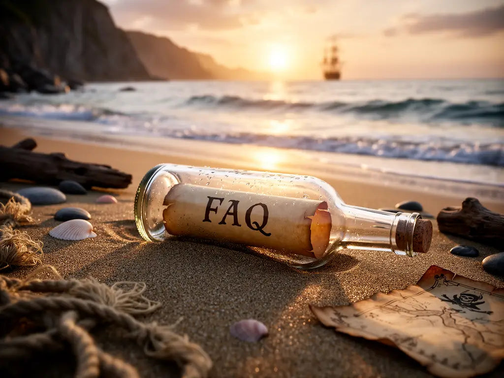 Bouteille en verre échouée sur la plage contenant un parchemin avec inscrit “FAQ”, vue sur l’horizon et la mer au coucher de soleil.