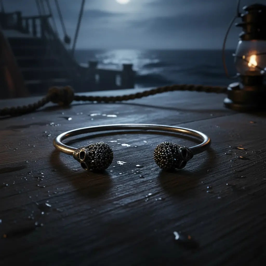 Bracelet du Capitaine Sombre posé sur un pont de navire dans une atmosphère nocturne.