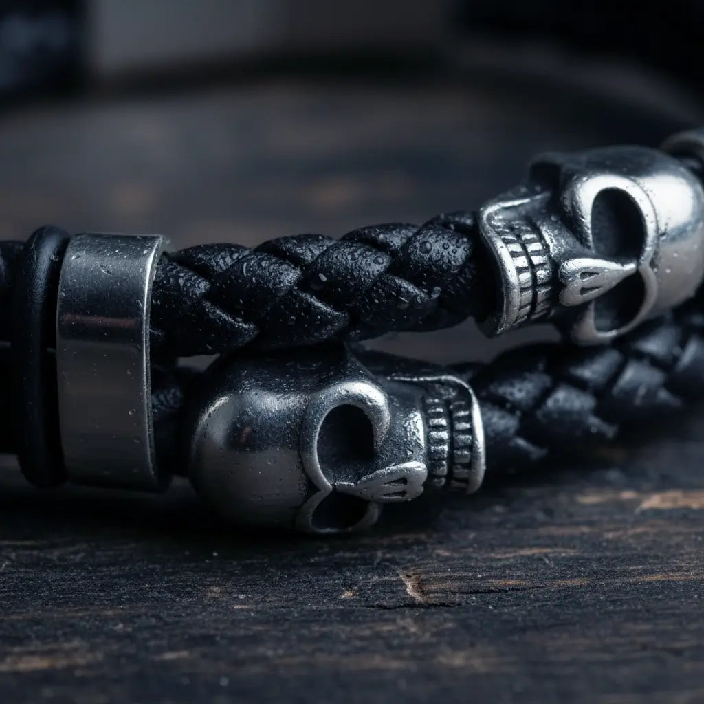 Détail du crâne argenté en acier sculpté du Bracelet Duel des Crânes.