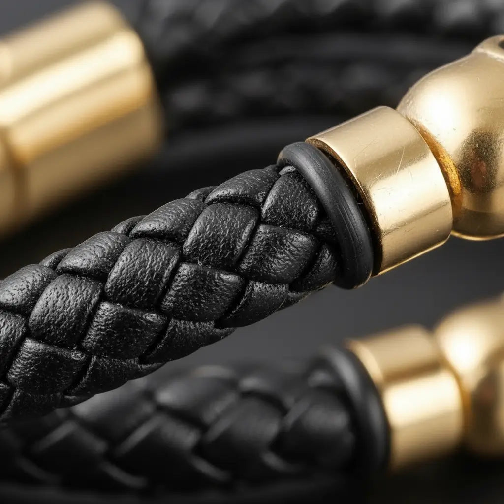 Détail du cuir tressé noir et finitions métal dorée du Bracelet Duel des Crânes.