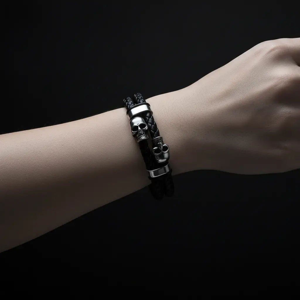 Bracelet Duel des Crânes d’Acier finition argentée porté au poignet dans une lumière dramatique.
