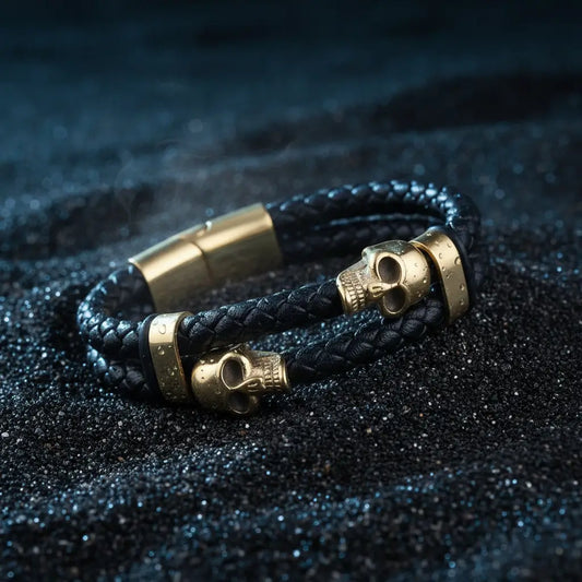 Bracelet Duel des Crânes d’Acier finition dorée posé dans une ambiance sombre et minérale.