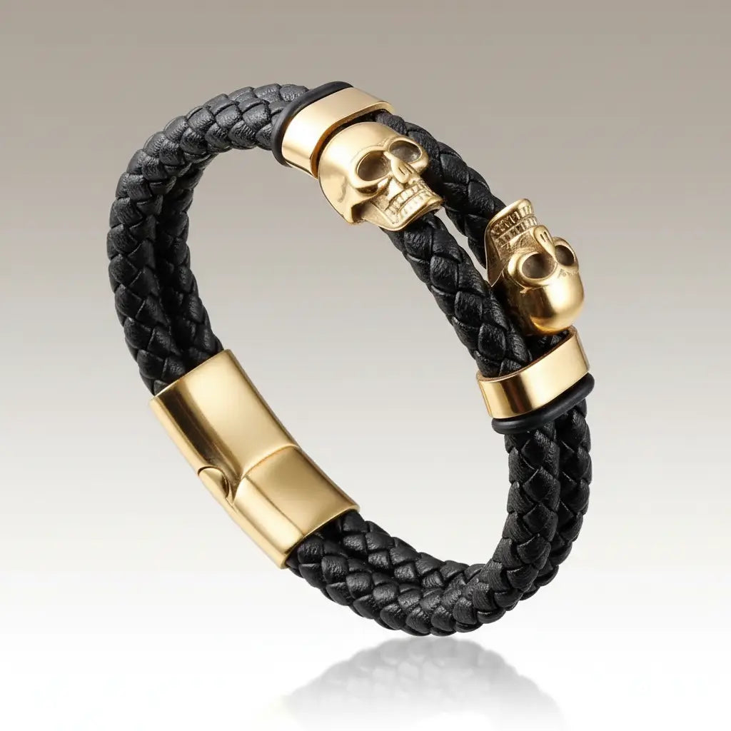 Bracelet Duel des Crânes d’Acier de la gamme Ténèbres avec finitions dorées.