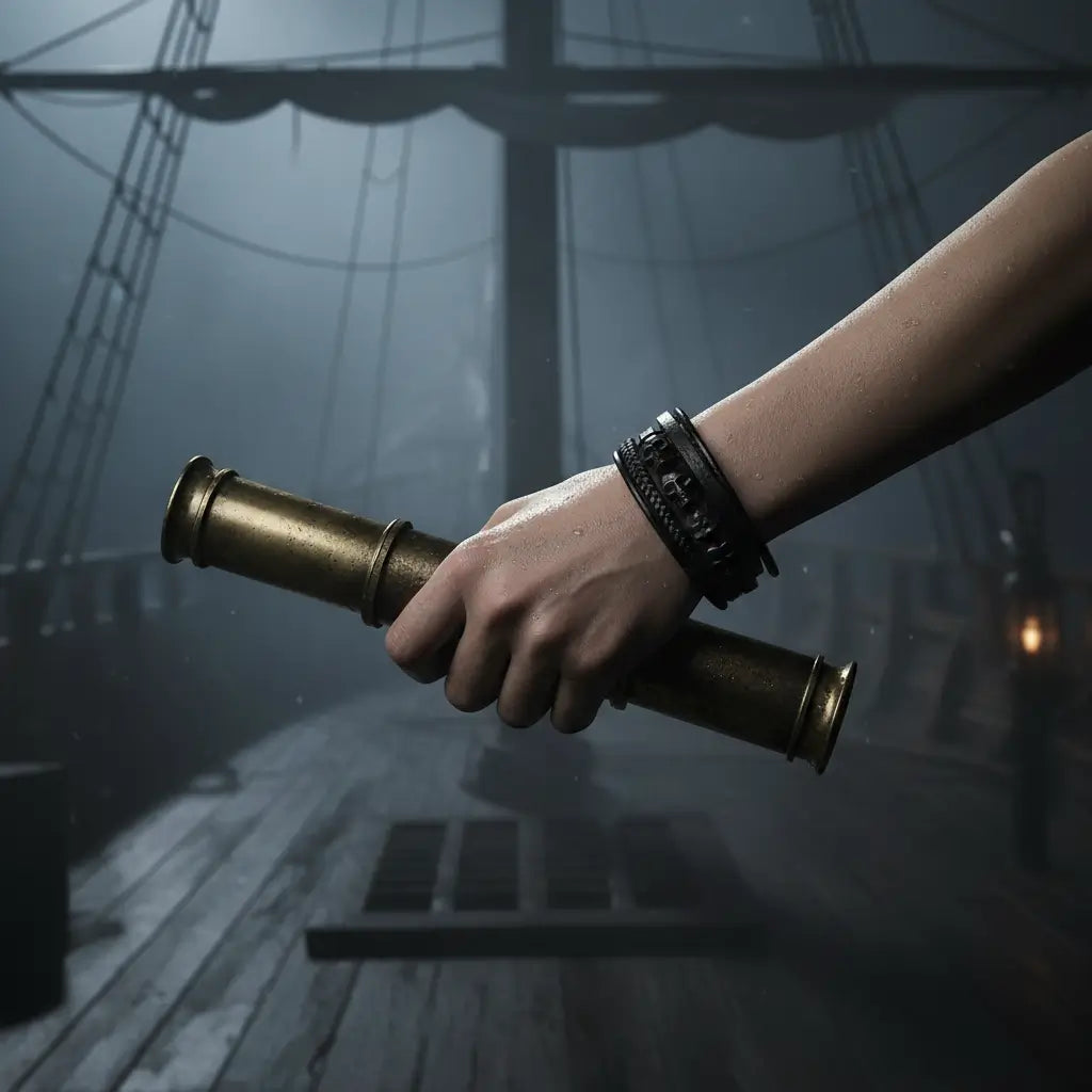 Bracelet du Repaire des Ombres porté sur un navire dans une ambiance sombre.