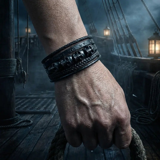 Bracelet du Repaire des Ombres porté au poignet dans un univers pirate.