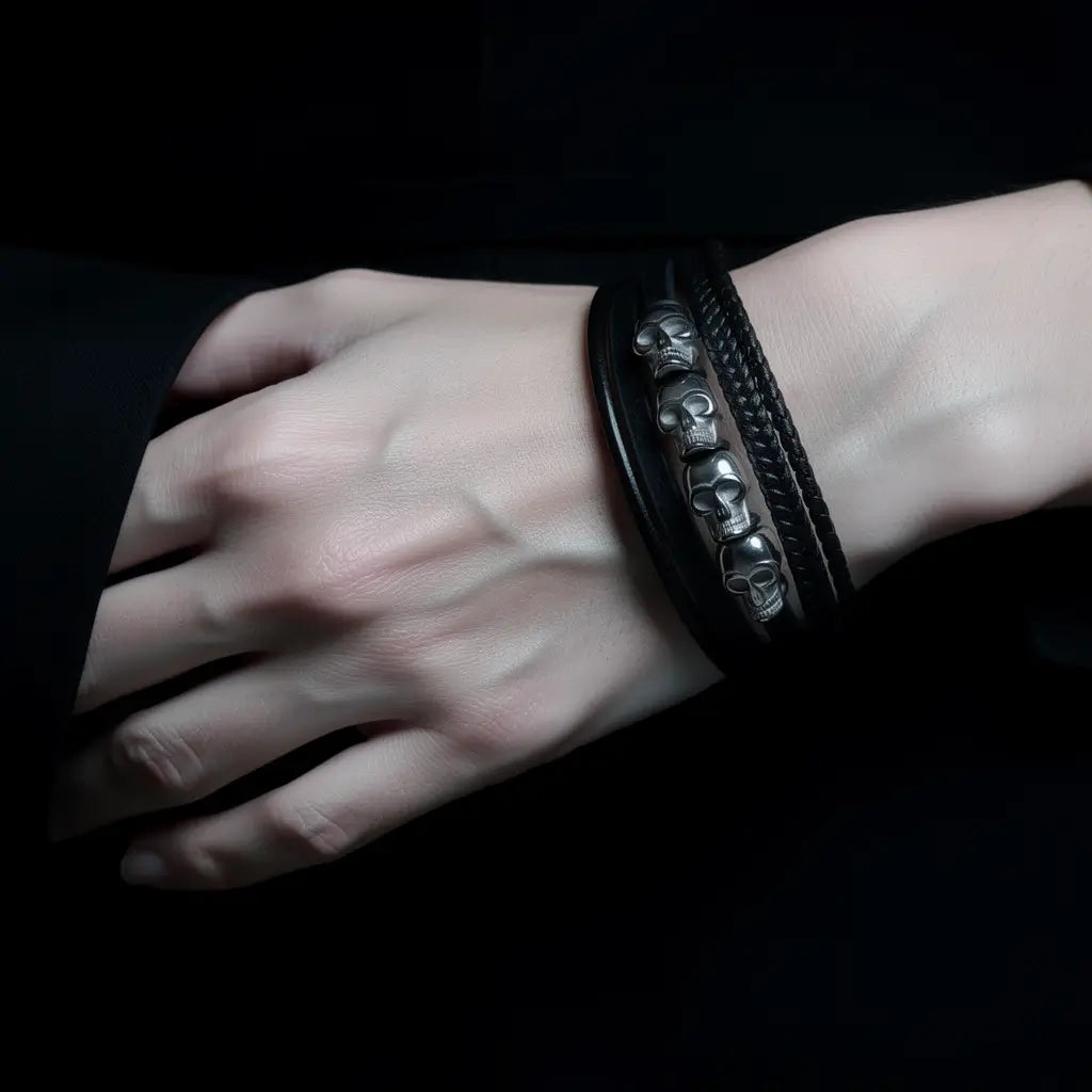Bracelet du Repaire des Ombres porté au poignet dans une mise en scène sombre.