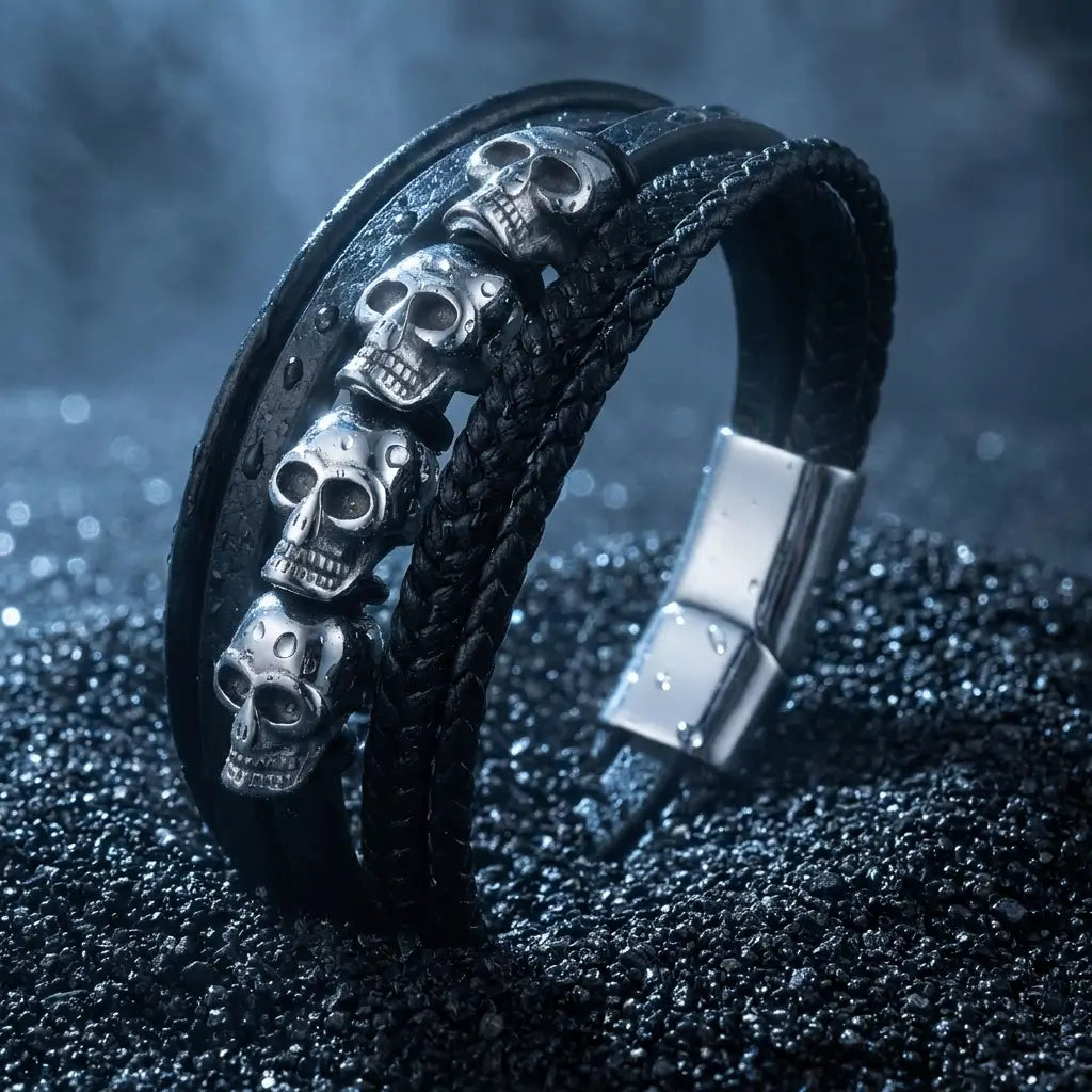 Bracelet du Repaire des Ombres posé sur une texture sombre et minérale.