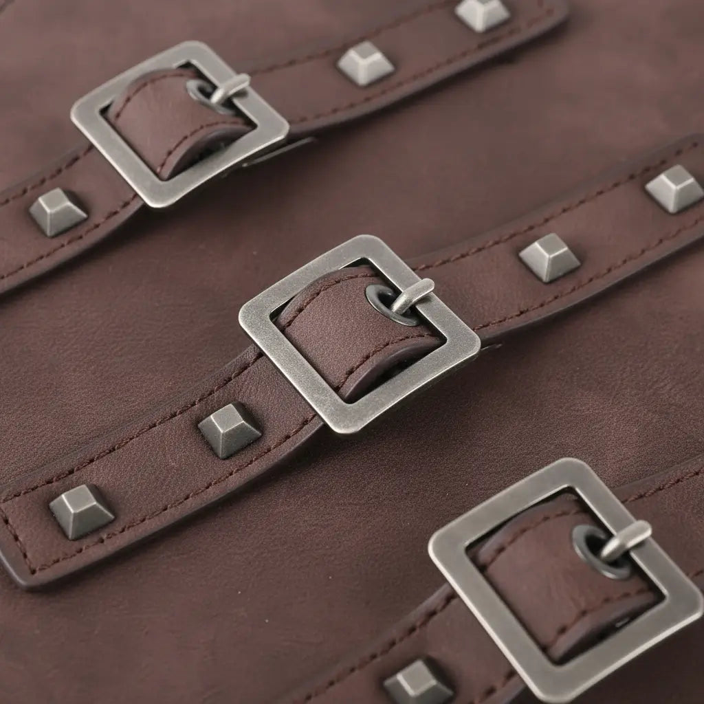 Détail des boucles métalliques des brassards du capitaine en simili-cuir pirate.