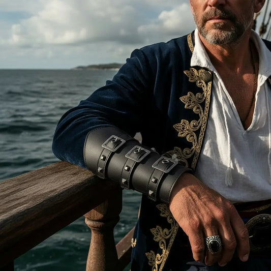 Brassards du capitaine simili-cuir portés par un pirate appuyé au bastingage en mer.
