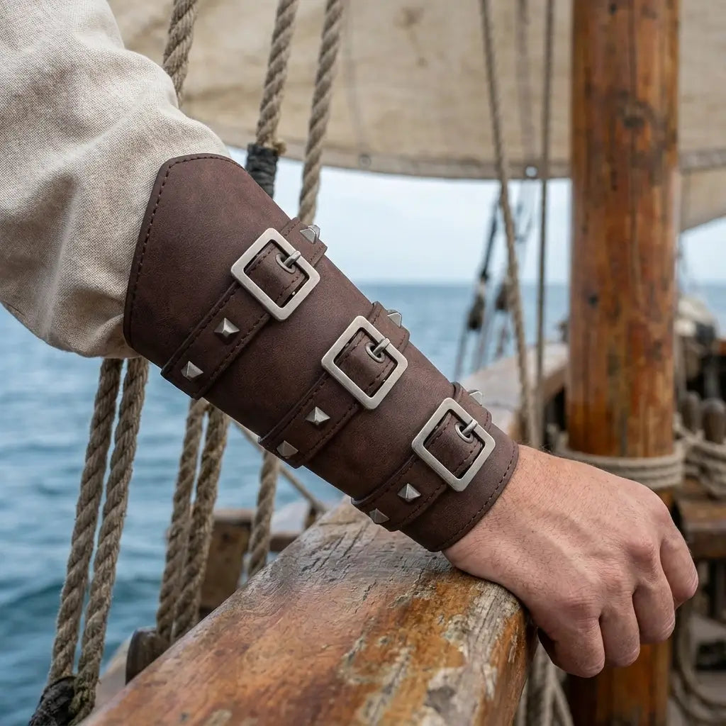 Brassards du capitaine en simili-cuir portés sur un pont de navire pirate, style corsaire authentique.