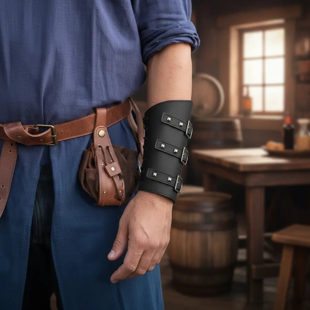 Brassards du capitaine en simili-cuir portés avec une tenue de pirate dans une taverne.