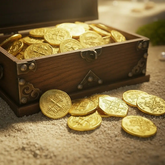 Pièces pirates dorées débordantes d'un coffre au sein d’une grotte éclairée.