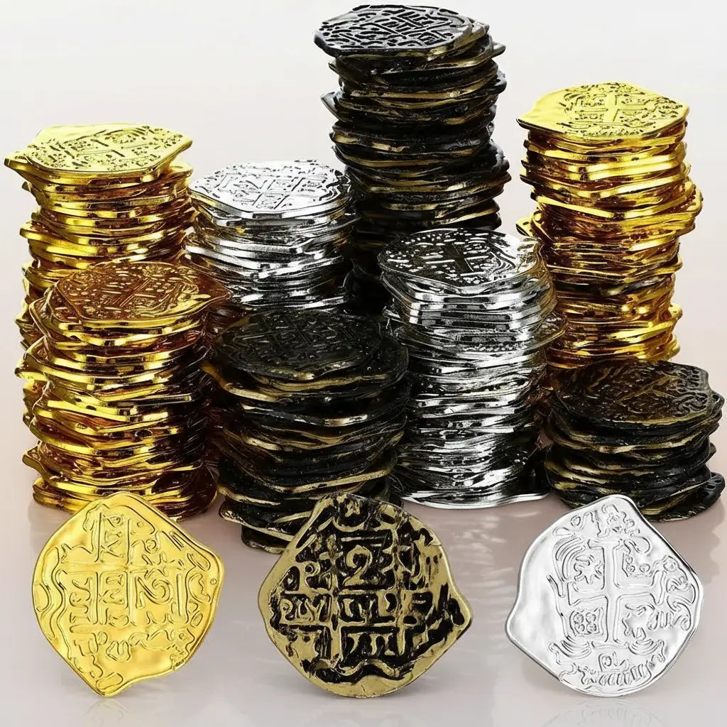 Lot de pièces pirates en or, bronze et argent empilées en tours, reflets métalliques réalistes.