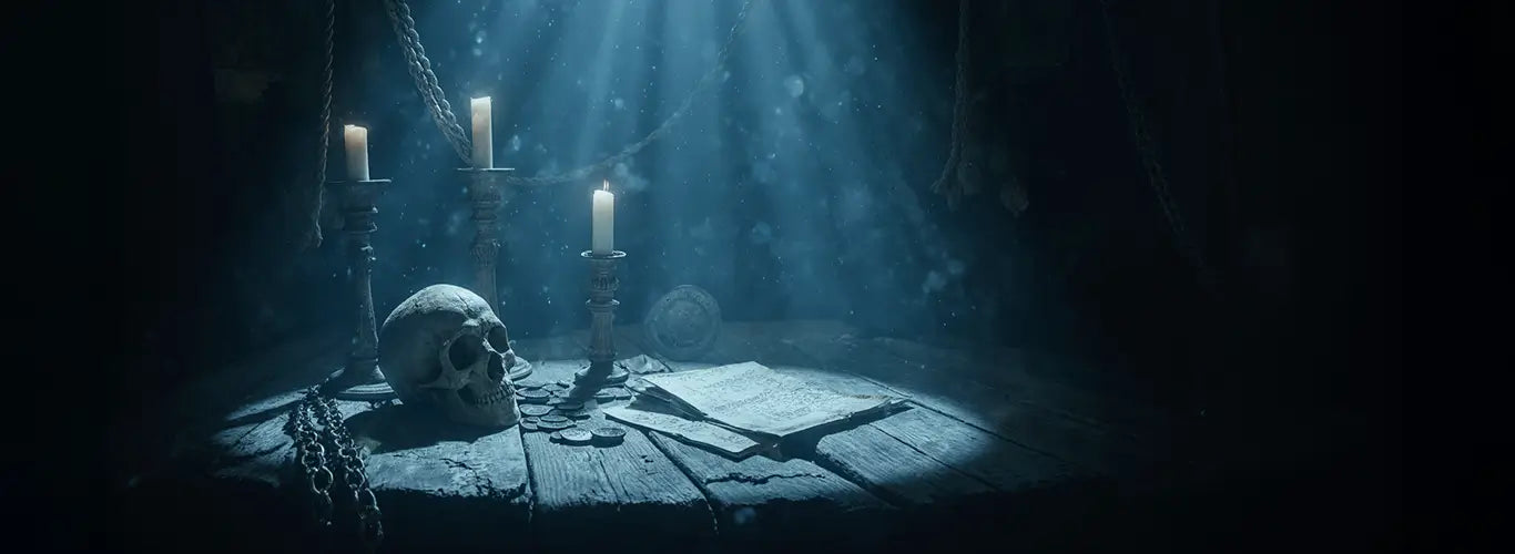 Vue sur la table en bois dans la cale d’un Capitaine pirate maudit, avec un crâne et des bougies disposés, ambiance sombre et ténébreuse.