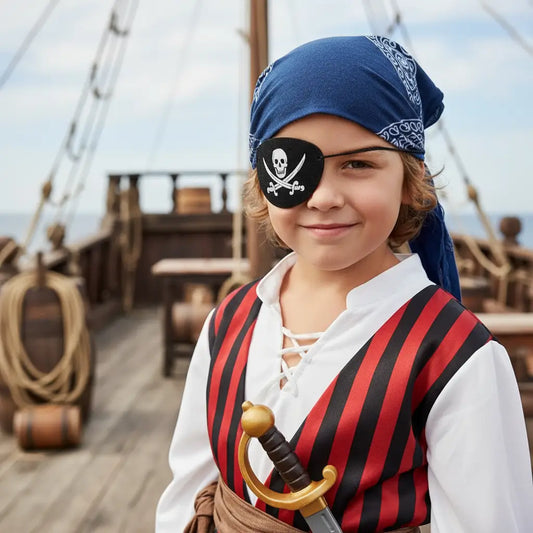 Enfant déguisé en pirate portant un cache-œil noir sur le pont d’un navire.