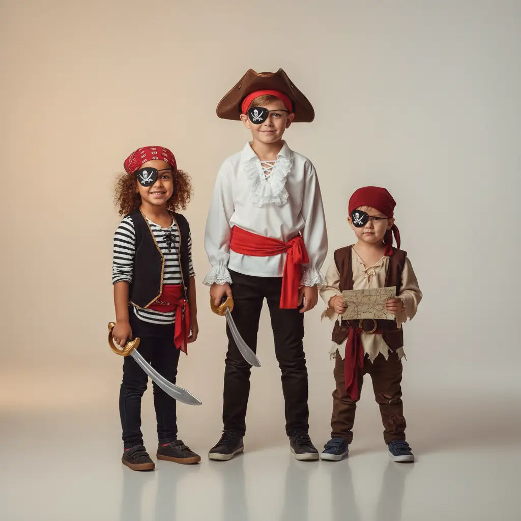 Trois enfants déguisés en pirates portant des caches-œil noirs.