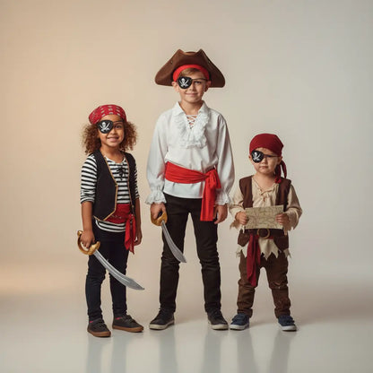 Trois enfants déguisés en pirates portant des caches-œil noirs.
