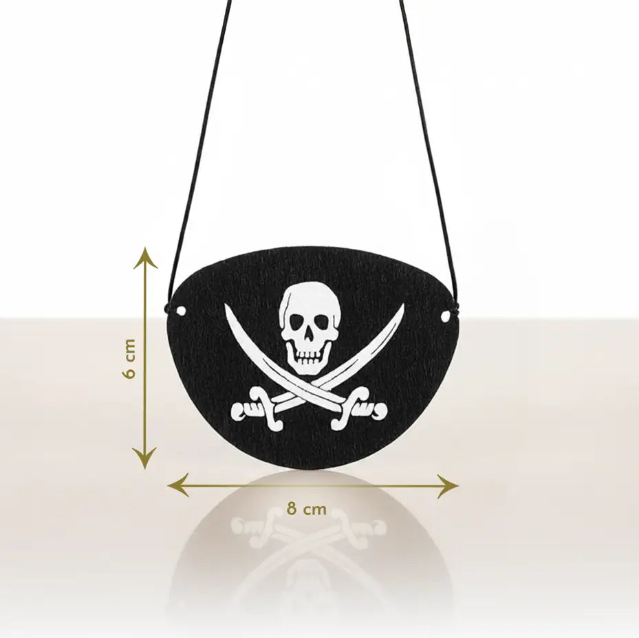 Cache-œil pirate noir avec tête de mort, dimensions indiquées sur fond blanc de 8 x 6 cm.