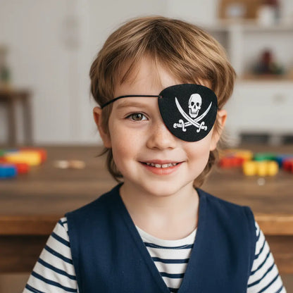 Enfant souriant portant un cache-œil de pirate noir avec tête de mort.