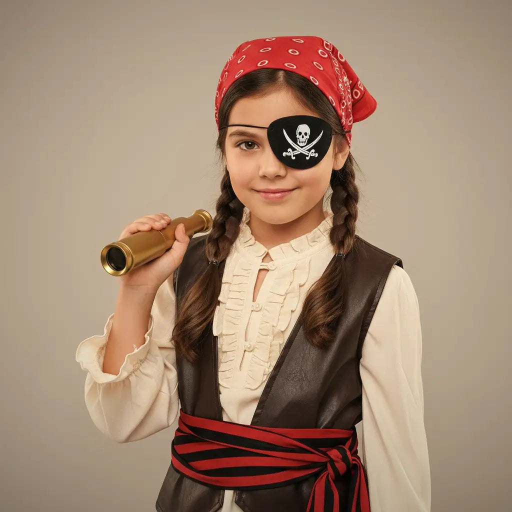 Fillette déguisée en pirate avec cache-œil noir et bandeau rouge.
