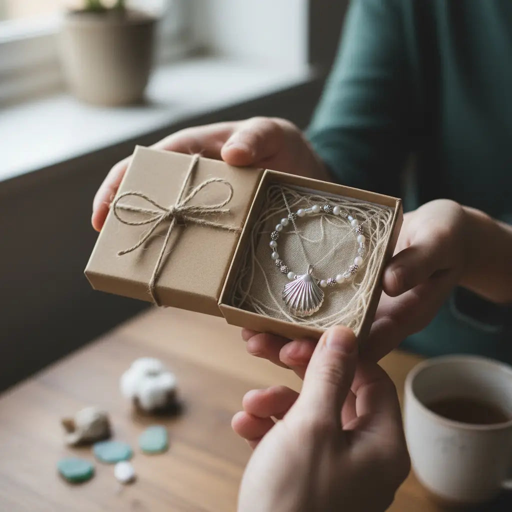 Bijou bracelet marin avec un coquillage offert dans une boîte autour d'un café.