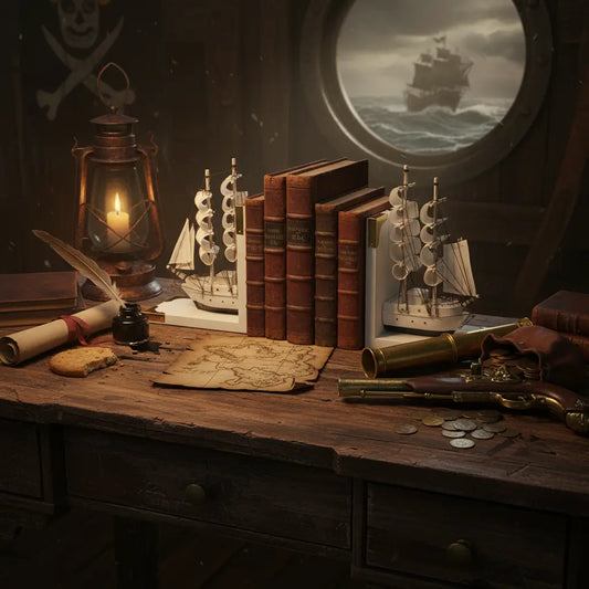 Cale-livre Navire Fantôme blanc posé sur un bureau de capitaine avec carte et lanterne, ambiance pirate sombre et raffinée.