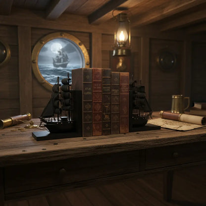 Cale-livre noir Navire Fantôme sur bureau marin ancien, décor de cabine de capitaine.