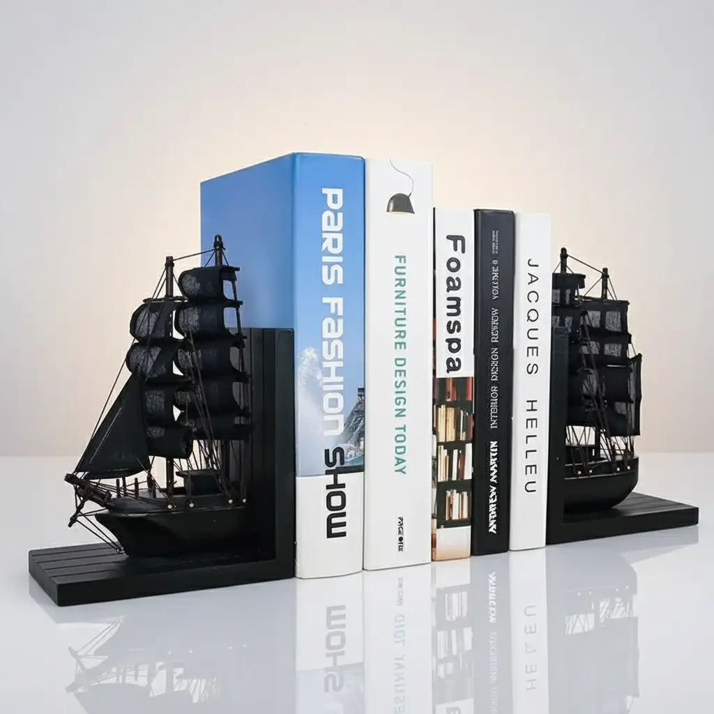 Cale-livre noir Navire Fantôme avec livres, en studio, reflets sur surface claire pour un rendu épuré.