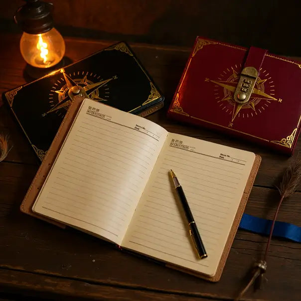Carnet pirate avec cadenas à code posé sur un bureau en bois, ambiance chaleureuse avec bougie et stylo.
