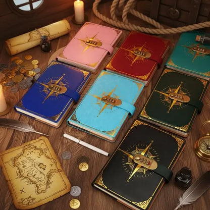Ensemble de carnets pirates colorés avec cadenas à code, ambiance vintage avec carte au trésor et pièces d’or.