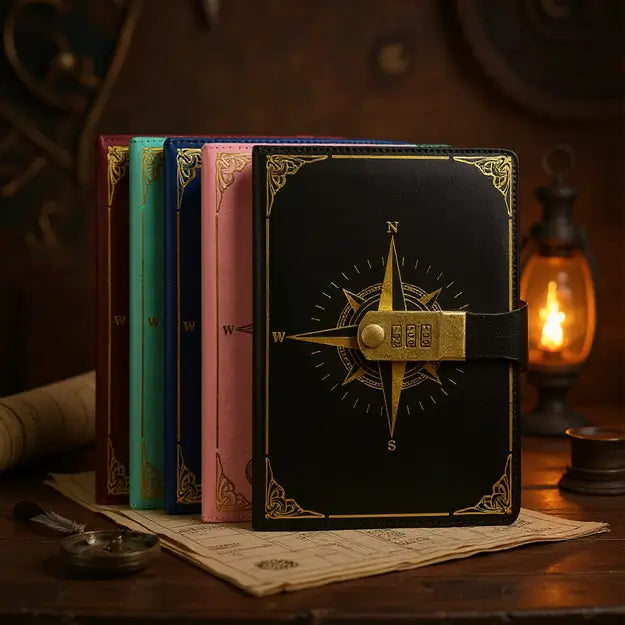 Carnets pirates multicolores avec cadenas à code alignés sur une table en bois, ambiance rétro.