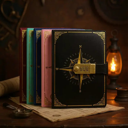 Carnets pirates multicolores avec cadenas à code alignés sur une table en bois, ambiance rétro.